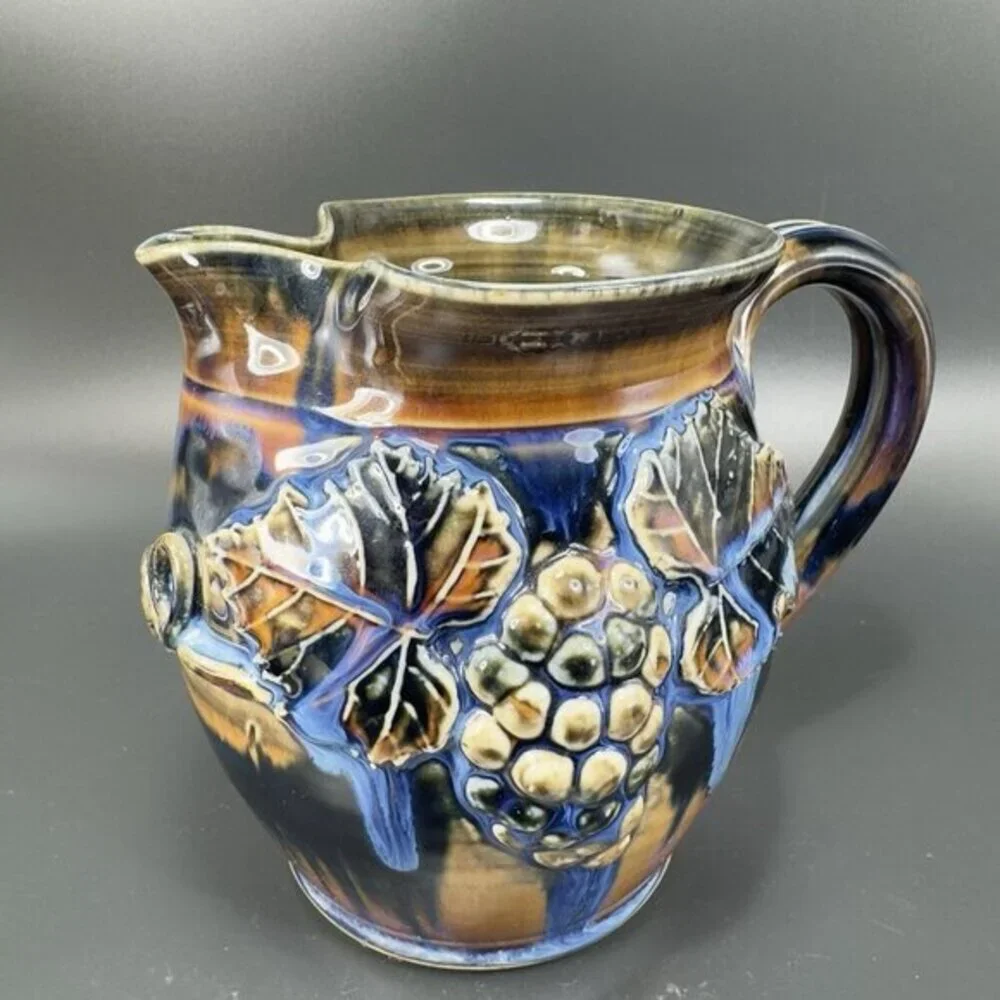 Greg Olson Studio Art Pottery Pitcher Carafe Jug Heavy Glaze Grape Signed‎ VTG